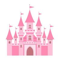 A pink castle with flags on top. The castle is very large and has many windows vector