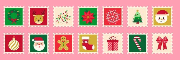 A row of Christmas stamps with various designs including a Santa Claus stamp. The stamps are arranged in a row and are all pink vector