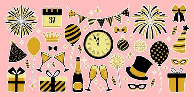 A colorful sticker sheet with various party decorations and a clock. Scene is celebratory and festive vector