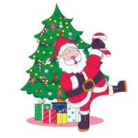 cartoon image of a happy santa claus with a christmas tree and a pile of presents behind him. vector