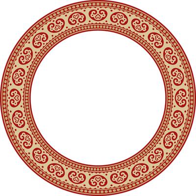 round gold and red ancient Russian ornament. Slavic border, frame. Circle, ring. Painting of the royal chambers.