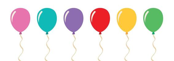 Colorful festive balloons with strings arranged in a row on a white background, ideal for party celebration themes. Balloon anniversary icon. Happy birthday balloons. vector