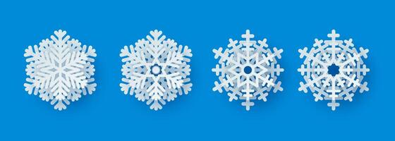 3D paper cut snowflakes with soft shadows on a blue background. Ideal winter design elements for presentations, banners, covers, web, flyers, cards, sales, posters, slides, and social media. vector