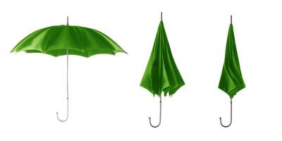 Set of green retro umbrella isolated on a white background. Step to open the umbrella photo