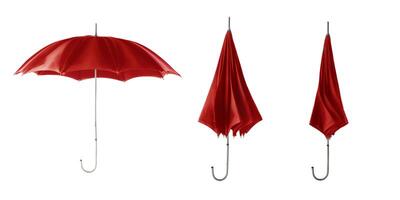 Three red retro umbrellas. Open umbrella step. photo