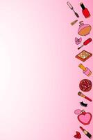 pink vertical background with cosmetics and perfumes in cartoon style with a frame along one edge. vector