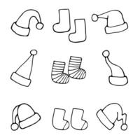 set of outline drawings of Santa socks and hats, hand drawn on a white background. vector