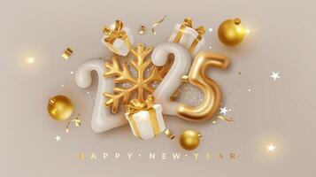 2025 number with golden snowflake and gift boxes . Happy New Year and Merry Christmas 2025. Greeting card. realistic 3d vector