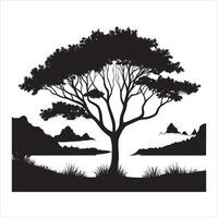Tree Landscape Silhouette with Distant Peaks on White Background vector
