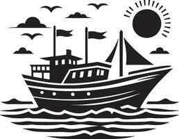 Boat Silhouette Floating on Still Water on White Background vector