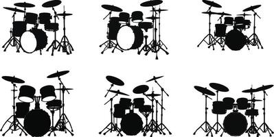 Set of Professional Drum Kit Silhouette on Plain White Background vector