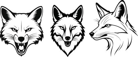Set of Detailed Fox Head Silhouette with Sharp Ears on White Background vector