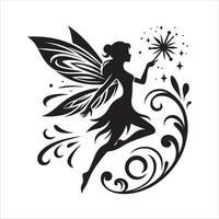 Classic Fairy Silhouette Sitting on a Flower on White Background vector