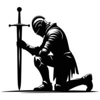 Bold Silhouette of a Kneeling Medieval Knight Holding Sword vector