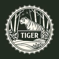 A tiger in the forest with the word tiger on it vector