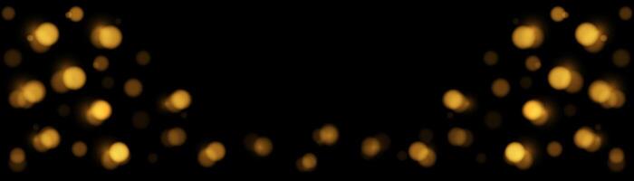 horizontal banner many Golden bokeh circles, golden particle on black background. Yellow and Orange light circular design along the down edge of the banner. Background with copy space. vector