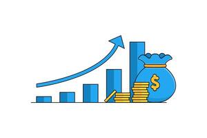 Financial growth concept. histogram with ascending bars and an upward arrow, symbolizing increasing profits or success. Money bag with dollar sign and folded coins. Flat design vector