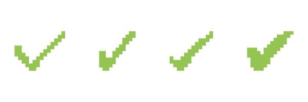 Pixel Art Green Check Marks Set in Various Shapes. Validation and Confirmation Symbol Collection. Success and Approval Sign. Isolated Illustration vector