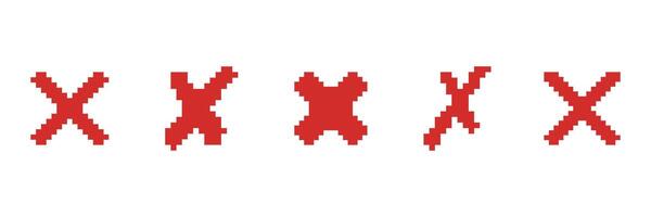 Set of Pixelated Red X Icons in Various Forms. Error or Cancel Symbols Collection in Pixel Art Style. Denial and Cancellation Icons for UI Retro Design. Isolated Illustration vector