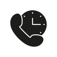 Communication Support Silhouette Icon with Clock and Phone. Customer Service Glyph Symbol. Isolated Illustration vector