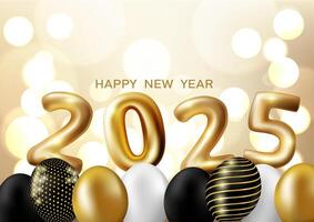 Happy New Year 2025 gold balloon. Design with balloons and foil confetti on cream background. . vector