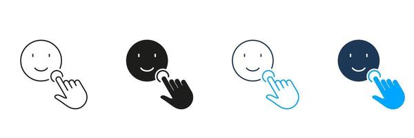 Positive Feedback Line and Silhouette Icon Set. Pointer Click On A Happy Face Emoticon Pictogram. Social Media App Good Review Symbol. Editable Stroke. Isolated Illustration vector