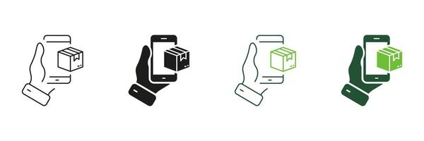Online Delivery Service Line and Silhouette Icon Set. Parcel in Smartphone Pictogram. Purchase Shipping Symbol. Ecommerce. Editable Stroke. Isolated Illustration vector