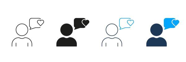 Customer Loyalty Line and Silhouette Icon Set. Consumer Rating Pictogram. User Feedback Symbol. Person With Speech Bubble And Heart Shape Sign. Editable Stroke. Isolated Illustration vector