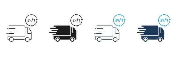 Delivery Service Around The Clock Line and Silhouette Icon Set. Parcel Shipment Time Pictogram. Twenty Four Hour Delivery Sign. Editable Stroke. Isolated Illustration vector
