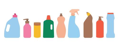 Household chemicals, cleaning products set. Various plastic bottles and jars with a dispenser or sprayer. Flat illustration in clip art style for background or banner vector