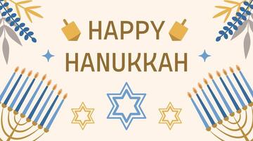 Hanukkah holiday concept, greeting card. Menorah, star of David and dreidel on a beige background. illustration for holiday design vector
