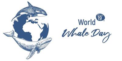 Horizontal banner for World Whale Day, February 19, 2025. Concept of the problem of conservation of marine mammals. linear drawing of a whale and a orca on the background of the planet Earth. vector