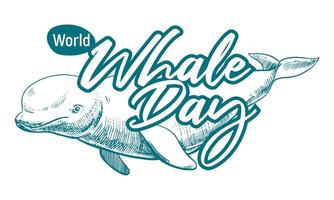 Emblem with an appeal to save marine mammals. Whale Day, February 19, 2025. monochrome linear drawing of a beluga whale. Concept of the problem of preserving animal diversity in the ocean. vector