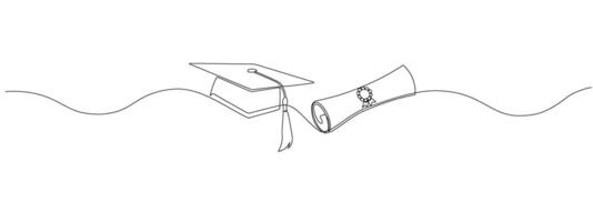 Continuous single line drawing graduation cap and diploma rolled up with award badge .Concept of achievement in education. Illustration. vector