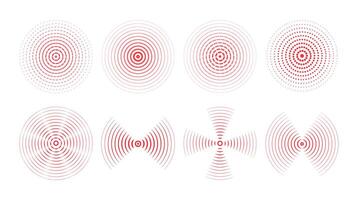Set of red rings with sound waves, interrupted lines and dots. Rings with radial lines, wallpaper . Radar icon, targets, epicenter. signal concentric vortex circles. vector