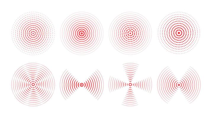 Set of red rings with sound waves, interrupted lines and dots. Rings with radial lines, wallpaper . Radar icon, targets, epicenter. signal concentric vortex circles.