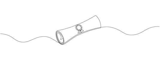 Continuous single line drawn, certificate or diploma with award badge . Single line drawn badge academic scroll paper,. illustration. vector