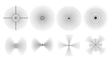 Set of black rings with sound waves, interrupted lines and dots. Rings with radial lines. Radar icon, targets, epicenter. concentric vortex circles. vector
