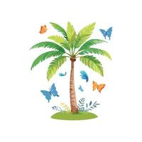 palm tree with butterfly on isolated white background vector