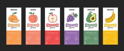 Fruits label templates. Set of fruit juice packaging design layout. Various fruits flavour vertical banner vector