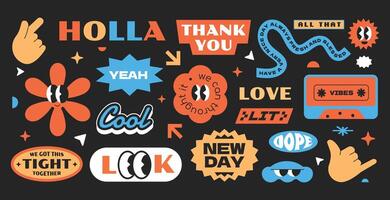 Funny vintage collection stickers. Gen z and millenials word quotes slang. Abstract character art design. Badges and patch retro. Y2k vibrant style. set isolated background. vector