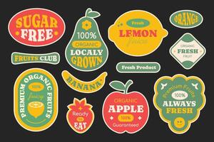Set of seasonal fruits collection. Different phrases and words. Colorful stickers, patch, badge, pin of various fruits. vector