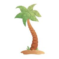 Curved coconut palm in sand and bushes beach landscape with gradient isolated on white background. cartoon tropical forest palms icon for game design, templates, prints vector