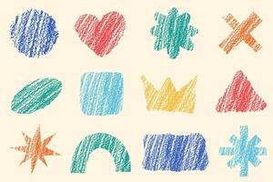 Shapes with crayon texture. Color pencil hand drawn figures. doodle charcoal elements. Geometric abstract chalk scribbles on pastel background. Retro playful collage elements vector