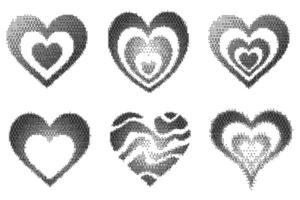Bitmap pattern abstract heart shapes. Halftone gradient elements on white background. Y2k graphic abstract icons. Dither noisy grunge texture. Symbol of love vector