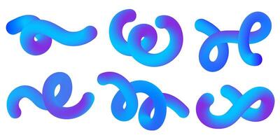 3D gradient abstract shapes on white background. Liquid fluid spiral elements. Swirl dynamic bright blue modern strokes. Wavy blend futuristic vibrant lines. Squiggle neon design vector