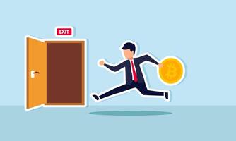 A businessman carrying bitcoin running toward an exit, illustration of selling bitcoin assets to take profit vector