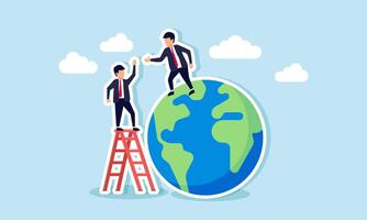 A businessman stands on the earth, trying to help another businessman on a ladder, illustration of assisting fellow entrepreneurs to grow together into global-scale businesses vector