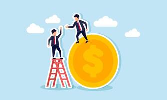 A businessman stands on a dollar coin, trying to help another businessman on a ladder, illustration of assisting fellow entrepreneurs to invest in an investment product vector