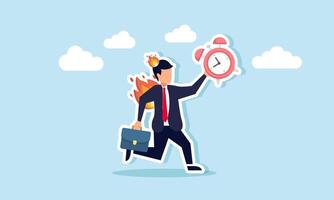 fire burning a businessman holding an alarm clock, illustration of a deadline in completing a business project vector